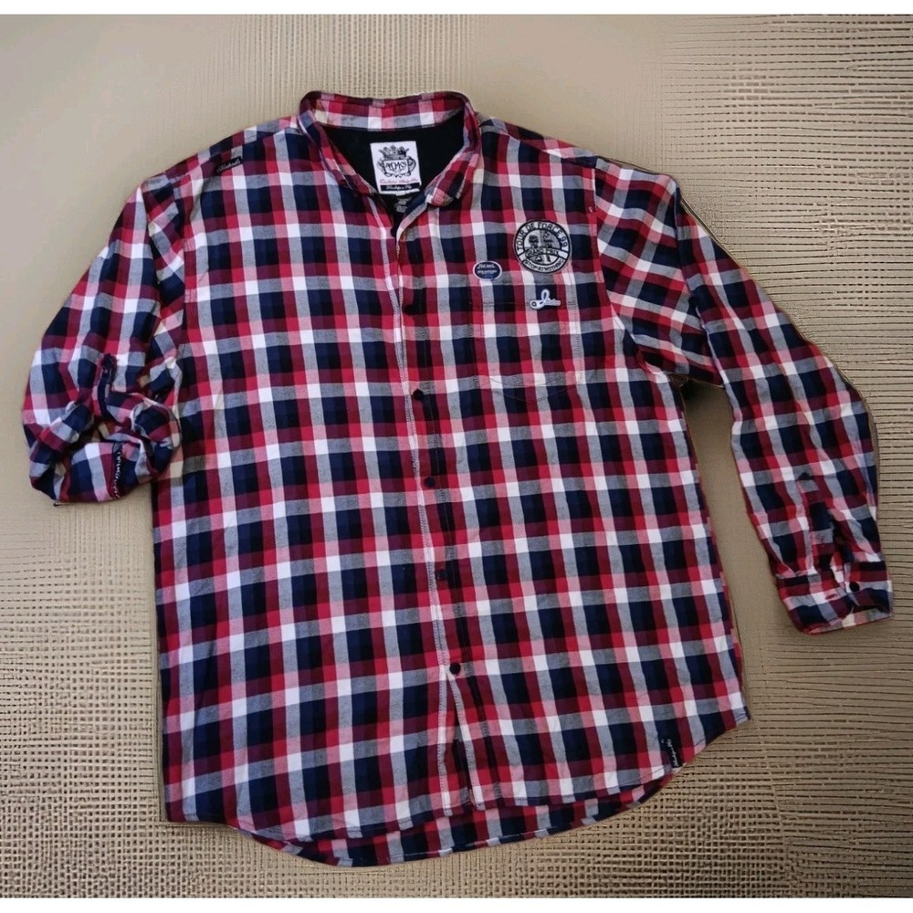 Akademiks Mens 2XL Flannel Button Up Shirt Embroidered Patches Y2K Streetwear